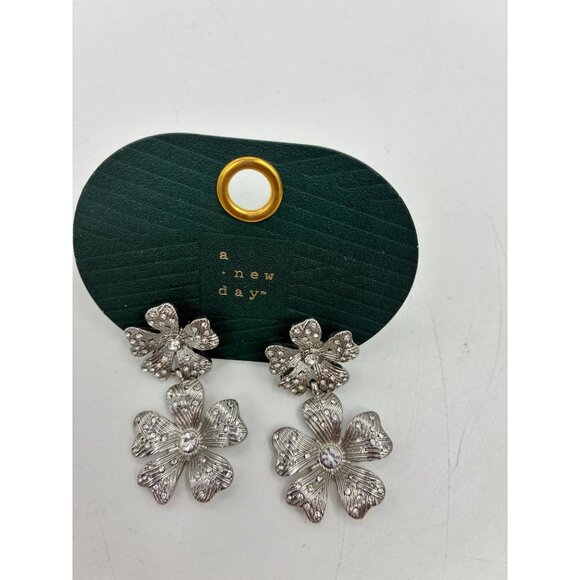 A New Day Silver Floral Drop Earrings Crystal Accent - Picture 2 of 5